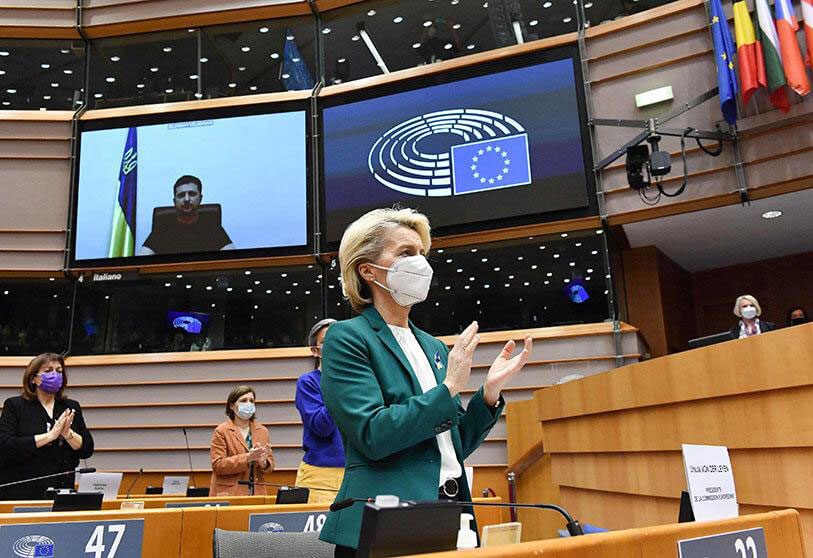 Zelenskyy receives standing ovation after the speech to European Parliament in March 2022