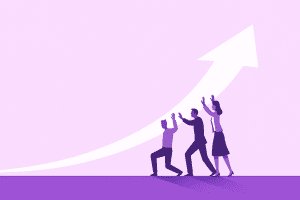 Illustration of three people working together to push and support a large upward arrow, symbolizing teamwork, growth, and progress. The image uses shades of purple and pink.